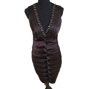 Cach'e Womens Satin Shirred Bodycon Dress Beaded Deep Neckline Bodice Size 10